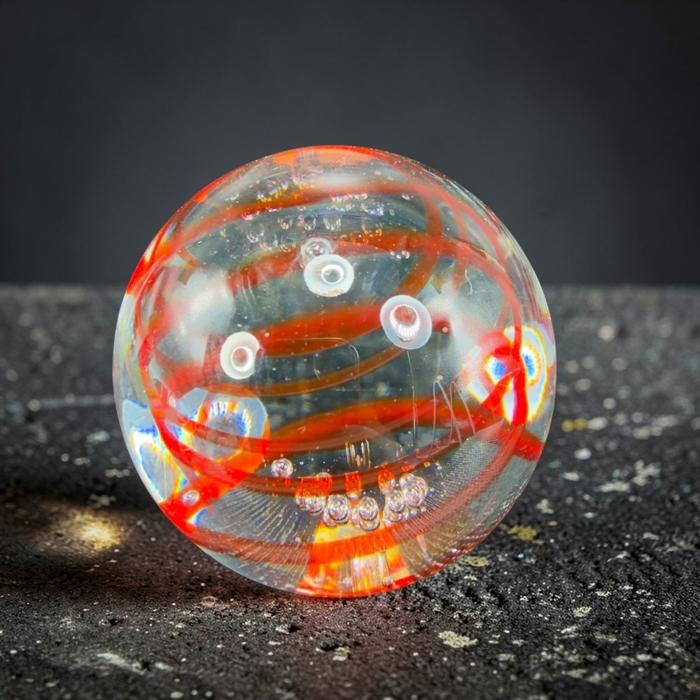Art Glass Paperweight Red Spiral Controlled Bubbles Clear Sphere Round Blown VTG